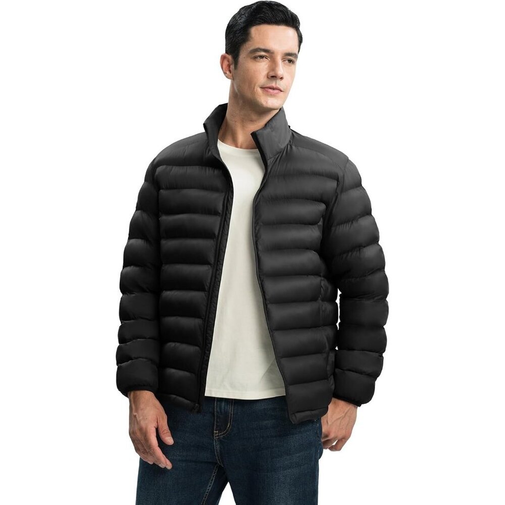 Men’s Black 100% Nylon Hooded Zip-Up Lightweight Warm Winter Puffer Jacket - Picture 2 of 7